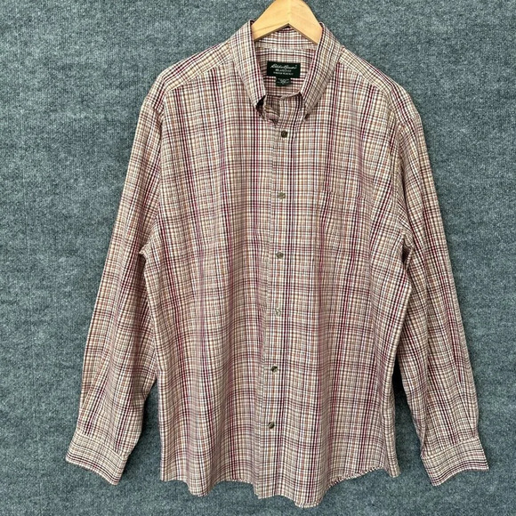 Eddie Bauer Other - Eddie Bauer Shirt Mens Large Red Tan Plaid Casual Relaxed Wrinkle Resistant